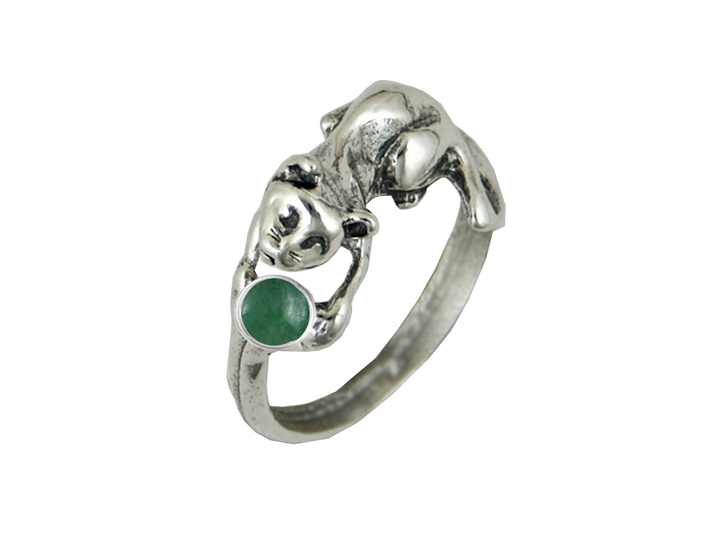 Sterling Silver Kitty Cat Ring With Jade Size 7